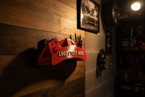 Oversized brake caliper wall sign mounted in a mancave